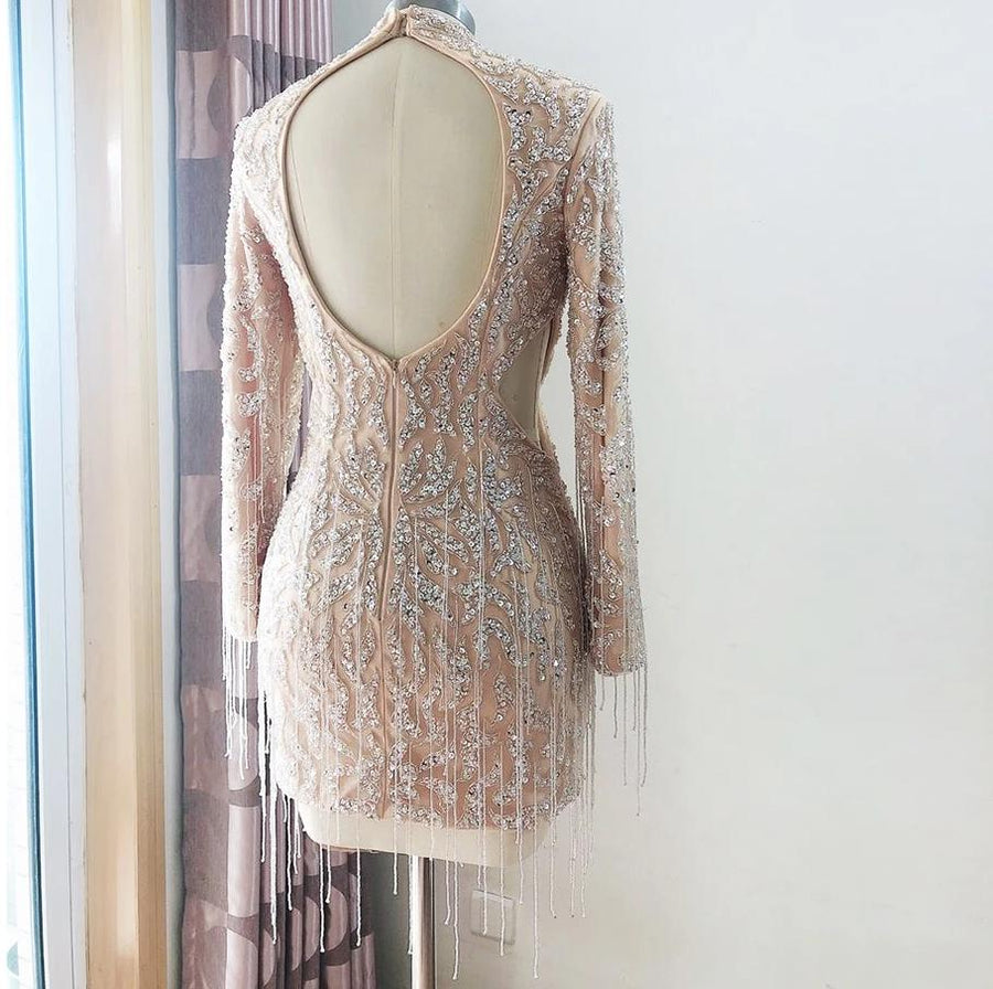 Elegant and Luxury Hand Beaded Short Mini Dress Long sleeve White / 16 / China Elegant and Luxury Hand Beaded Short Mini Dress Long sleeve White / 16 / China