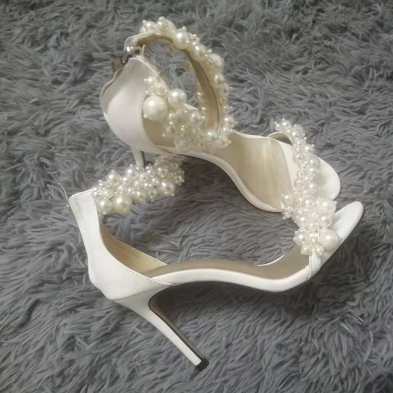 White Pearl Sandals Women Fashion High Heels Stiletto Wedding Shoes
