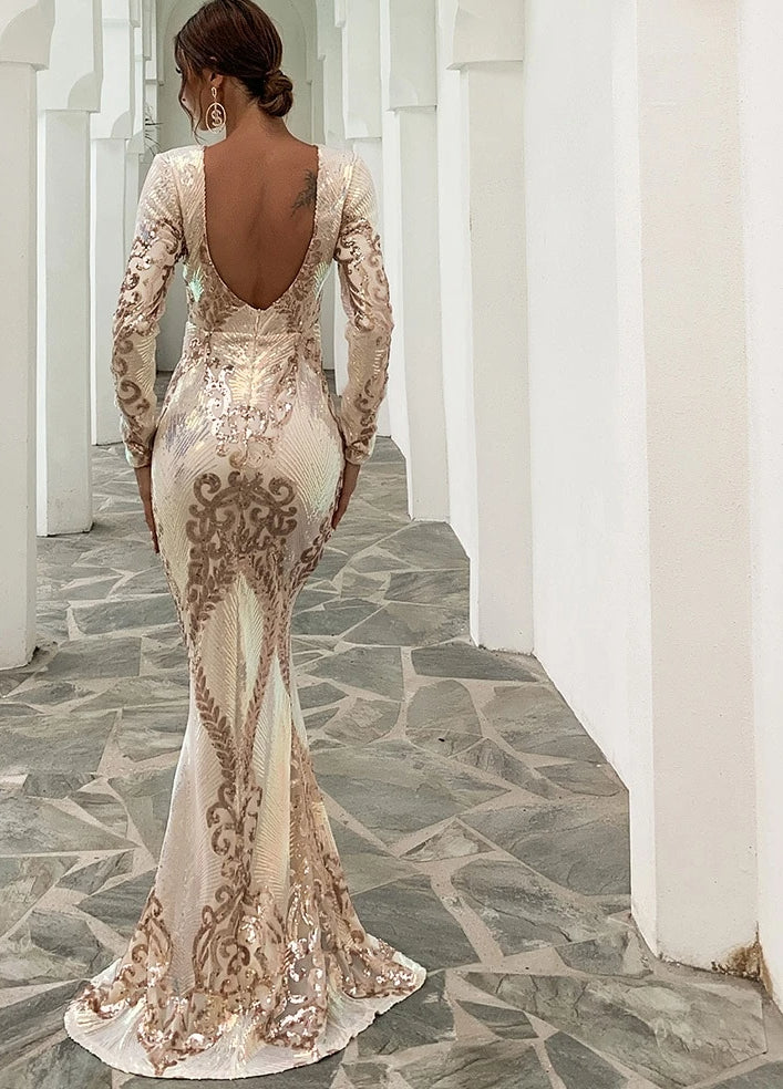 Sexy O Neck Long Sleeve Backless Sequin Dresses