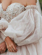 Dirty Pink Boho Wedding Dress Detachable Puff Sleeve Sparky Lace