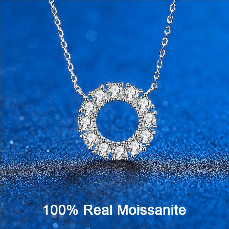 100% Moissanite Necklace- Circle Pendant Solid 925 Sterling Silver