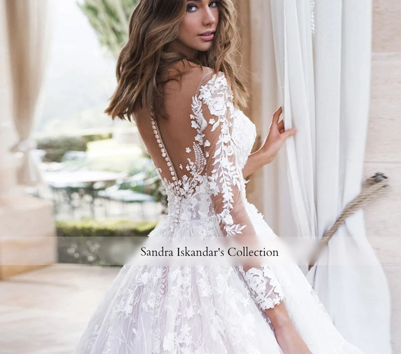 Elegant Long Sleeve Dress Cathedral Train Bridal Gown