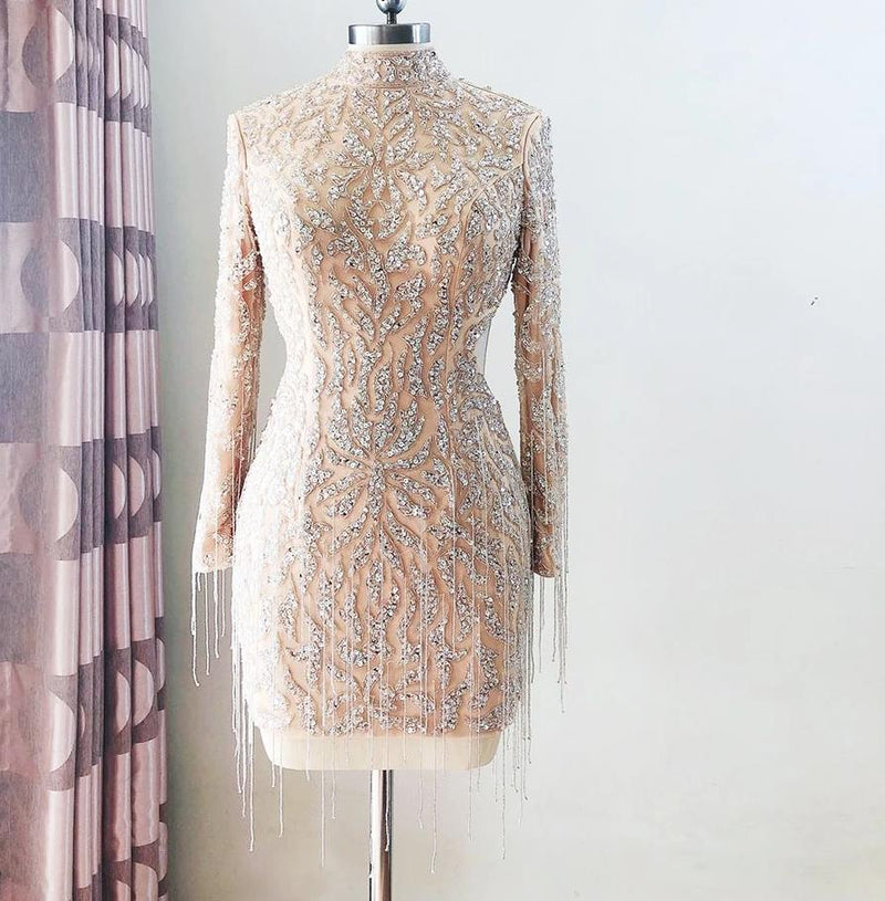 Elegant and Luxury Hand Beaded Short Mini Dress Long sleeve Black / 16 / China Elegant and Luxury Hand Beaded Short Mini Dress Long sleeve Black / 16 / China