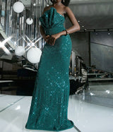 Off Shoulder Ruffle Neck Green Sequin A-line Fitted Dress
