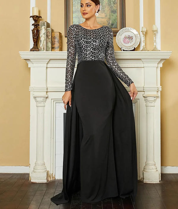 Elegant Black Evening Dress with attached Train - Women's O-Neck Long Sleeve Sequin Patchwork Gown
