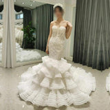 Luxury Beaded Elegant Sweetheart Neckline Tiered Mermaid Wedding Dress