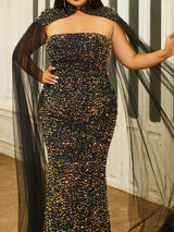 Glamorous Plus Size Mermaid Evening Dress with Sequins, Elegant Cloak Sleeves and Strapless Design