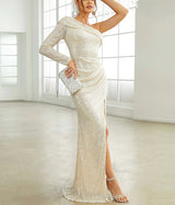 Elegant Apricot Sequin One Shoulder Long sleeve Split Evening Dress