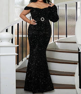 Beautiful Curvy Plus Size One Shoulder long sleeve Sequins Black Elegant Evening Dress
