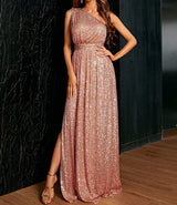 NEW Elegant Pink Sequin One Shoulder Sleeveless Evening Dress