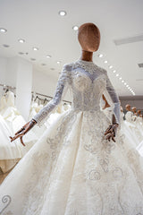 Luxury Princess long sleeve Glitter and Lace fully Beaded Ball Gown