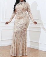 Curvy Sequin Bodycon Plus Size Elegant Long Sleeve Backless Gown