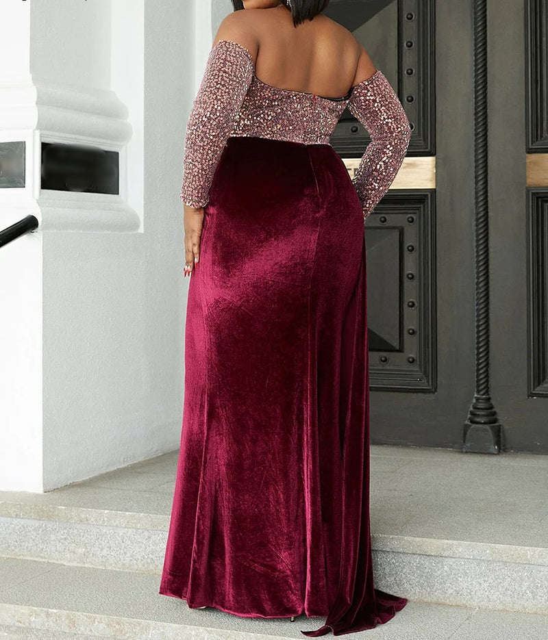 Elegant Front Draped tail Curvy Body Sequins Mermaid Off Shoulder Evening Dress/ Mother of the bride /Bridesmaid