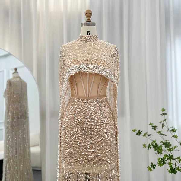Luxury Evening Dress With cape and Han beaded pearls