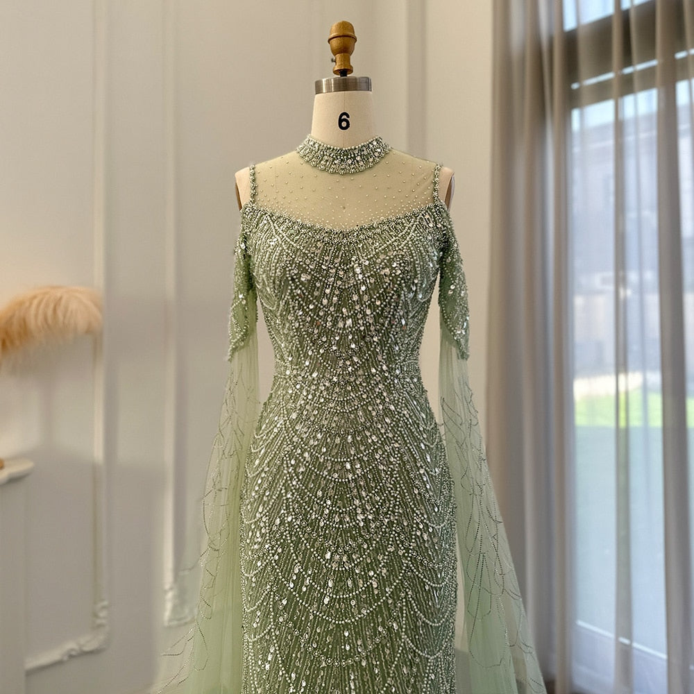 New Mint Green Luxury Mermaid Evening Dress with Cape Sleeves Green / 12
