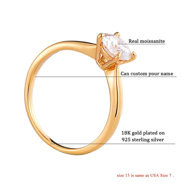 100% Real Moissanite Engagement Ring Classic 4 Prong Solitaire Diamond 18K Gold Plated
