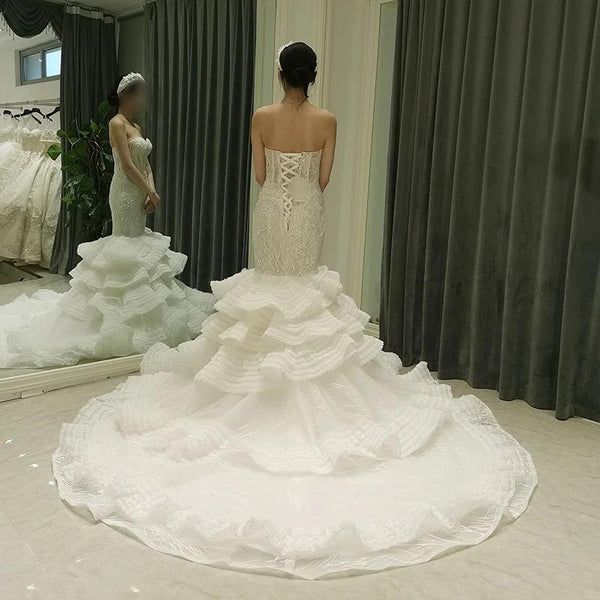 Luxury Beaded Elegant Sweetheart Neckline Tiered Mermaid Wedding Dress