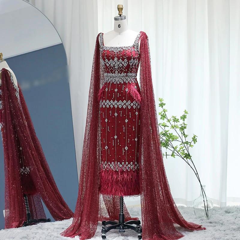 New Luxury Feather Crystal Evening Dress with Bling Cape