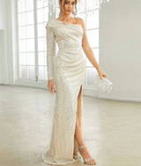 Elegant Apricot Sequin One Shoulder Long sleeve Split Evening Dress