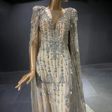 NEW Luxurious Crystal Pearls Evening Dress with Cape Sleeves Elegant