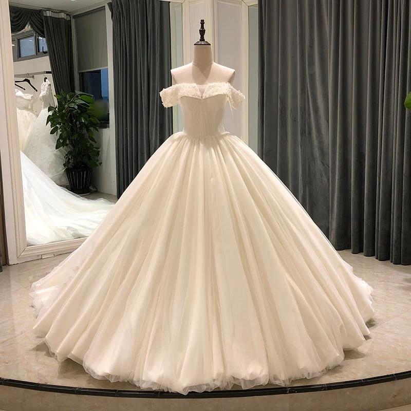 2023 New Gorgeous Appliques Chapel Train Off Shoulder Beaded Ball Gown