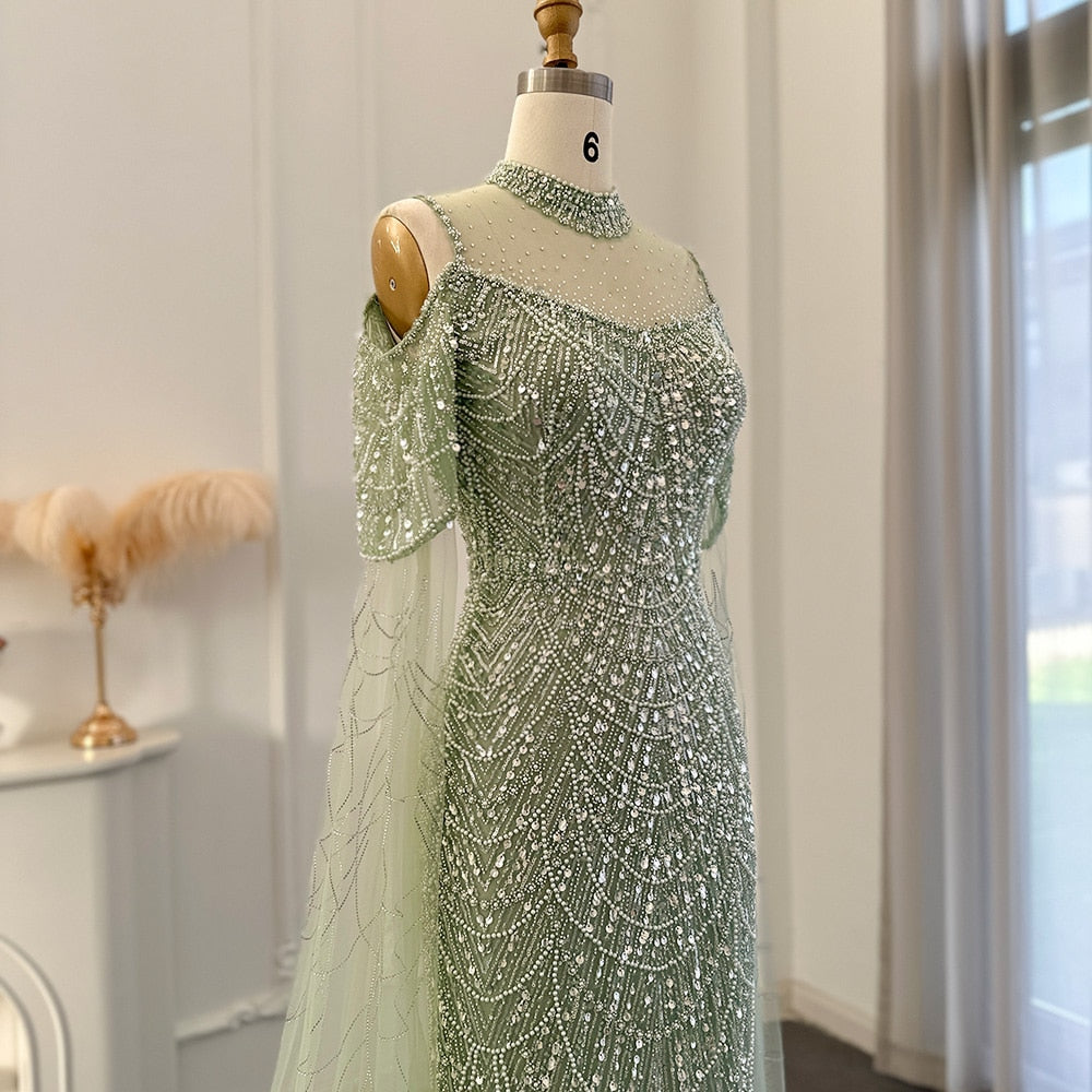 New Mint Green Luxury Mermaid Evening Dress with Cape Sleeves Green / 12 New Mint Green Luxury Mermaid Evening Dress with Cape Sleeves Green / 12