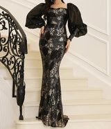 New Elegant Black Long evening Dress with Mesh Lantern Sleeves and Backless design
