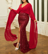 Elegant Plus Size Sequin Evening Dress with extra Long Sleeves and V Neck