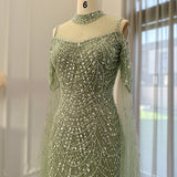 NEW Mint Green Luxury Mermaid Evening Dress with Cape Sleeves