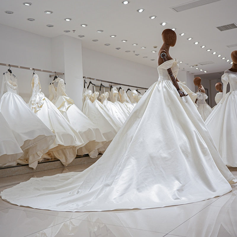 silk princess wedding dress Modest Satin A-line Strapless Princess Wedding Dresses With Court Train, MW1081