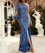Beautiful & Elegant Blue One Shoulder Sleeve Evening Dress with Thigh Split