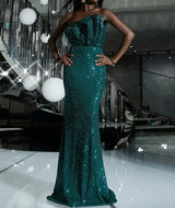 Off Shoulder Ruffle Neck Green Sequin A-line Fitted Dress