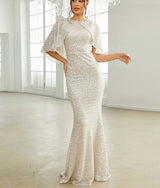 Elegant Apricot Sequin Mermaid Cloak cover shoulder Evening Dress