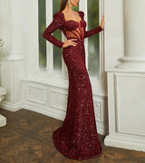 Elegant and sophisticated Red Sequin Prom Dress with deep Sweetheart Neck & Long Sleeve