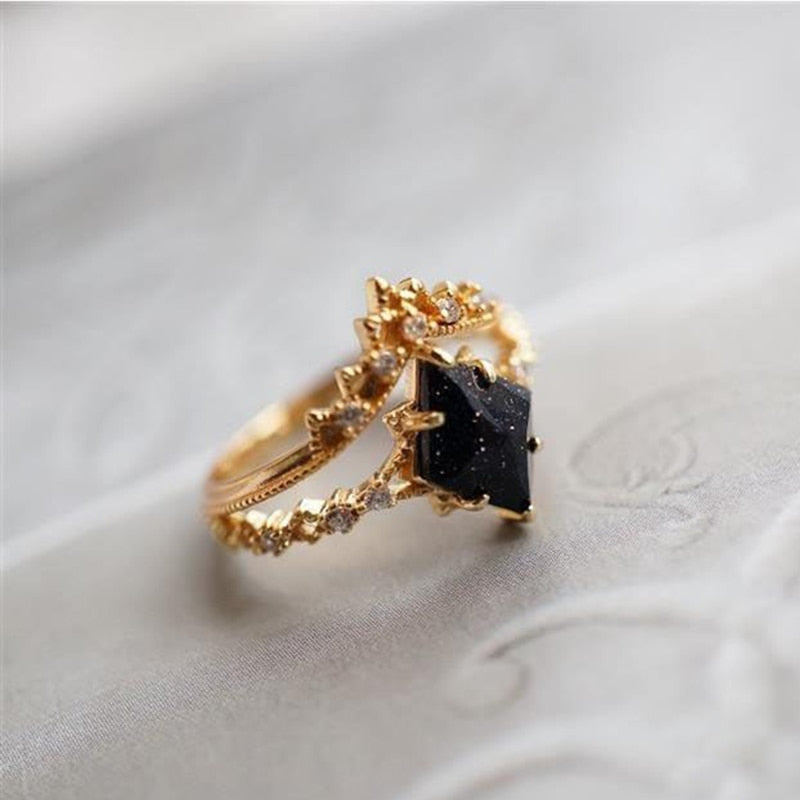 New Vintage Court Style Lace Blue Crystal Micro Setting Diamond Stacking Ring Gold Plated