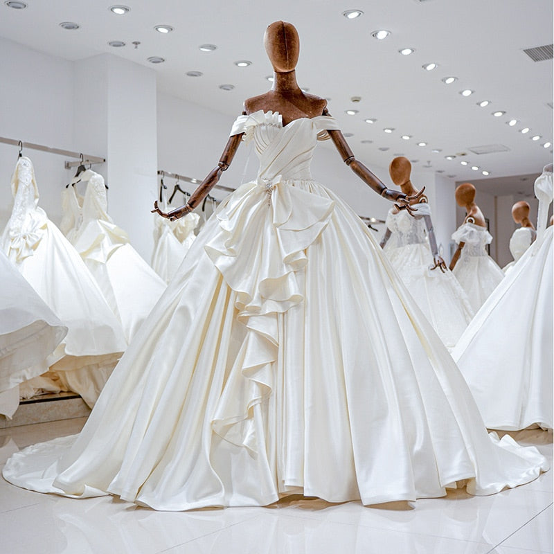 New Luxury Princess Wedding Dresses Off the Shoulder Lace Appliques A-Line Satin Ivory / 100cm / 16