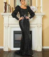Elegant Black Mermaid Evening Dress with Lantern Sleeves and Sequin Belt
