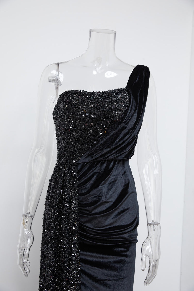 Velvet High Slit One Shoulder Elegant Evening Dress