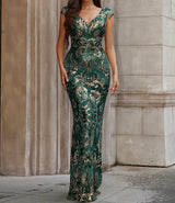 NEW Elegant Luxury Green Gold Glittery Sequin V-neck Tassel Evening Dress