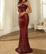 New Red Wine Sequin One Shoulder Sleeveless Prom & Evening Gown