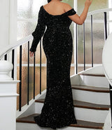 Beautiful Curvy Plus Size One Shoulder long sleeve Sequins Black Elegant Evening Dress