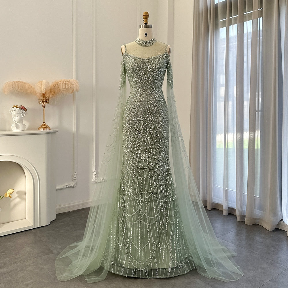 New Mint Green Luxury Mermaid Evening Dress with Cape Sleeves Green / 12
