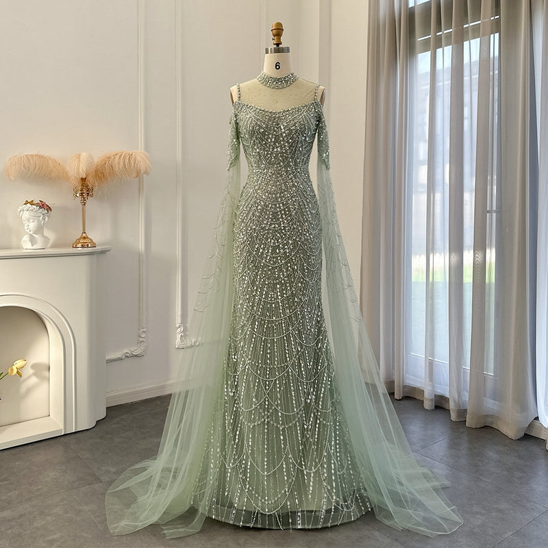 NEW Mint Green Luxury Mermaid Evening Dress with Cape Sleeves