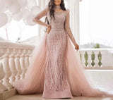 Luxury Elegant Custom Mermaid sheer Sleeves High Neck hand Beaded Evening Dress