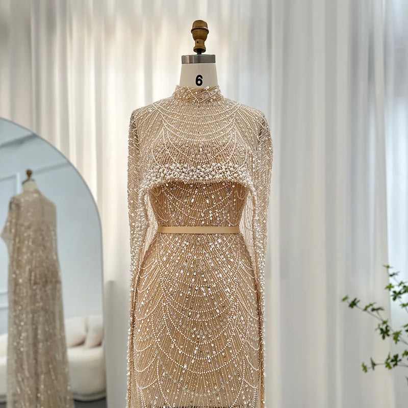 Luxury Evening Dress With cape and Han beaded pearls Sandra's Bridal Collection Luxury Evening Dress With cape and Han beaded pearls Sandra's Bridal Collection