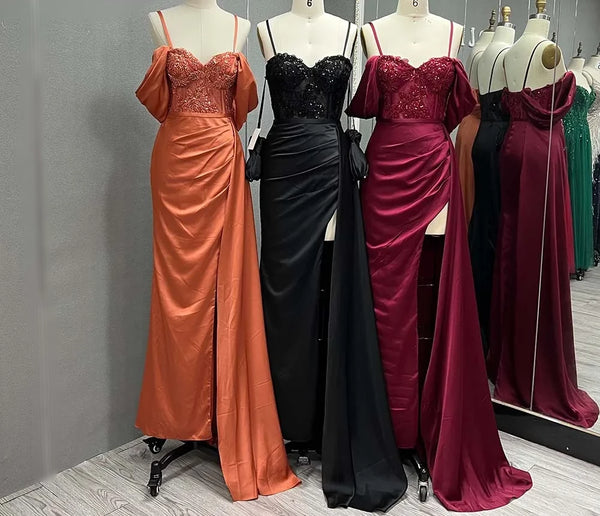 Luxury Embroidered Silk Satin Evening Gown with Sexy Slit and Beading - Perfect for Formal Events and Bridesmaids