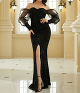 New Elegant Black Puff sleeve sweetheart neck Prom & Evening Dress