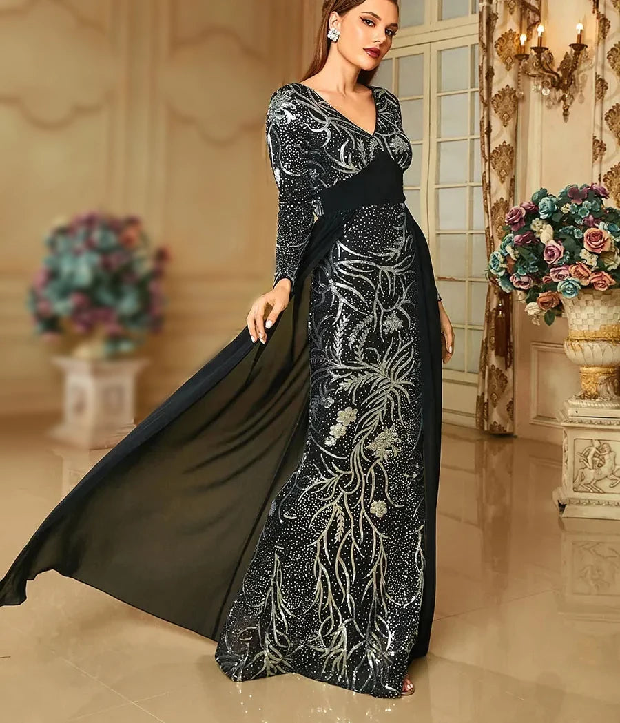 Elegant Black Evening Dress - Women's Long Sleeve V Neck Sequin Bodycon Formal Gown with Train Black / XL Elegant Black Evening Dress - Women's Long Sleeve V Neck Sequin Bodycon Formal Gown with Train Black / XL