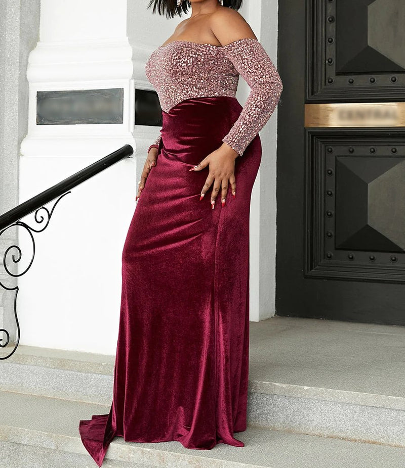 Elegant Front Draped tail Curvy Body Sequins Mermaid Off Shoulder Evening Dress/ Mother of the bride /Bridesmaid