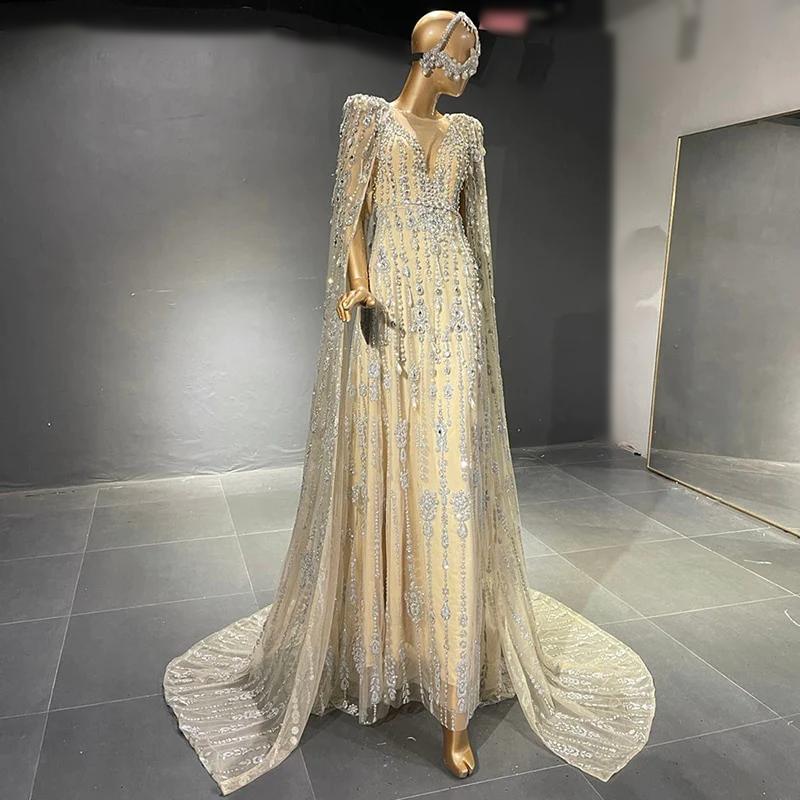 New Luxurious Crystal Pearls Evening Dress with Cape Sleeves Elegant A-Line / 8 / US New Luxurious Crystal Pearls Evening Dress with Cape Sleeves Elegant A-Line / 8 / US
